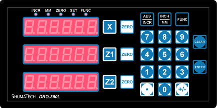 Digital display with red indicators and control labels on a black background.