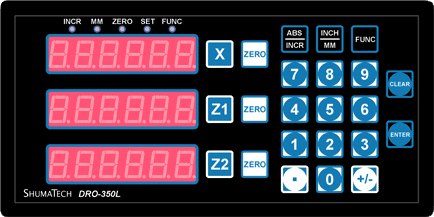 Digital readout panel of shumatech dro-350l with numeric keypad, panel functions including 'abs', 'incr', 'mm', 'inch', and dual axis readouts labeled z1