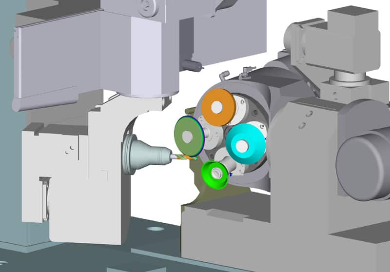 Complex industrial machine with cylindrical object and multiple smaller parts.