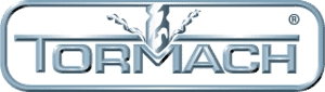 Gray Tormach logo with stylized flame design and rounded corners on white background.
