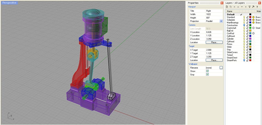 3D CAD model of a mechanical assembly displayed in Rhino3D software with various component layers and properties visible on the right-hand menus.