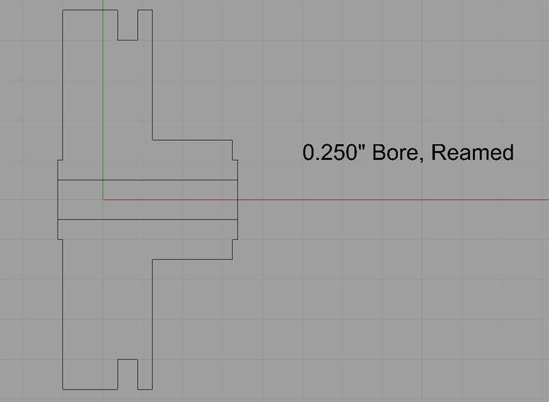 Technical drawing of a mechanical part for the Hula Hula Engine with a 0.250" reamed bore, shown in profile, overlaid on a gray grid background.