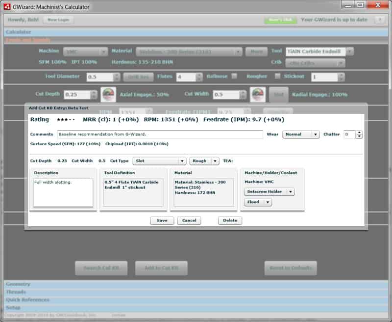 GWizard Machinist's Calculator on CNCCookbook.com interface.