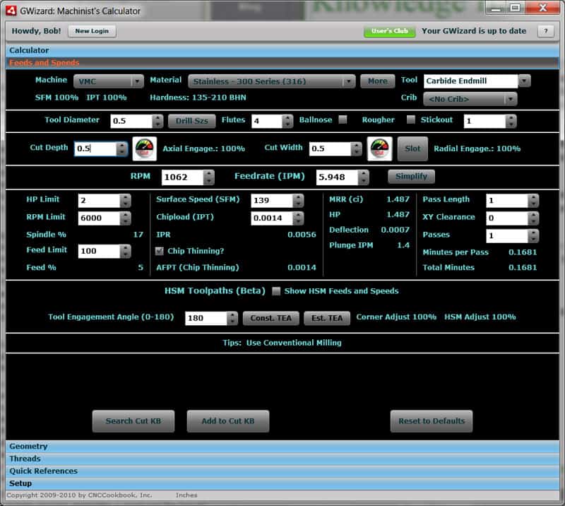 Machining calculator screenshot with input fields and calculation results.