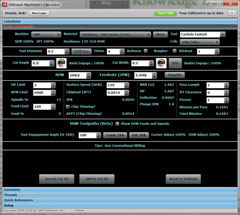 Screenshot of the G-Wizard machinist's calculator software interface displaying various machining parameters and calculations.