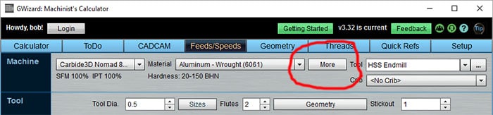 Screenshot of a software interface showing the "G-Wizard machinist’s calculator" with a red circle highlighting the "more" tab in the "threads" dropdown menu.