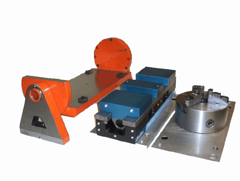 A set of blue and orange 4-axis CNC machine tools.