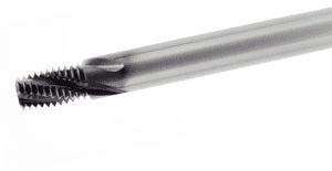 Close-up of a metal screw or bolt tip with spiral thread.