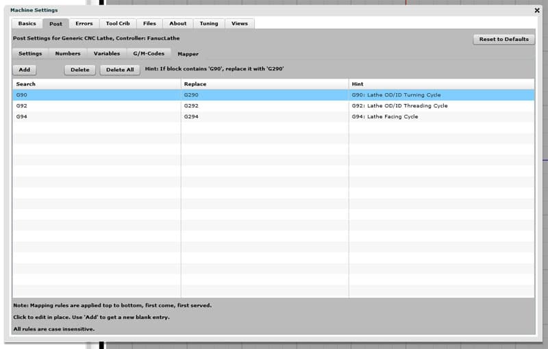 CNC G-Code mapping tool interface with search bar.