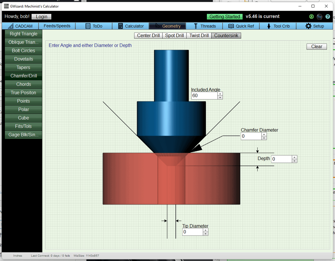 A computer screen with a tool for calculating machining operations, displaying a blue cylinder and red rectangle with labels and measurements.