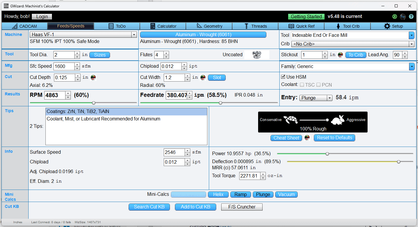 A screen shot of a computer screen displaying different options for face mill speeds and feeds.