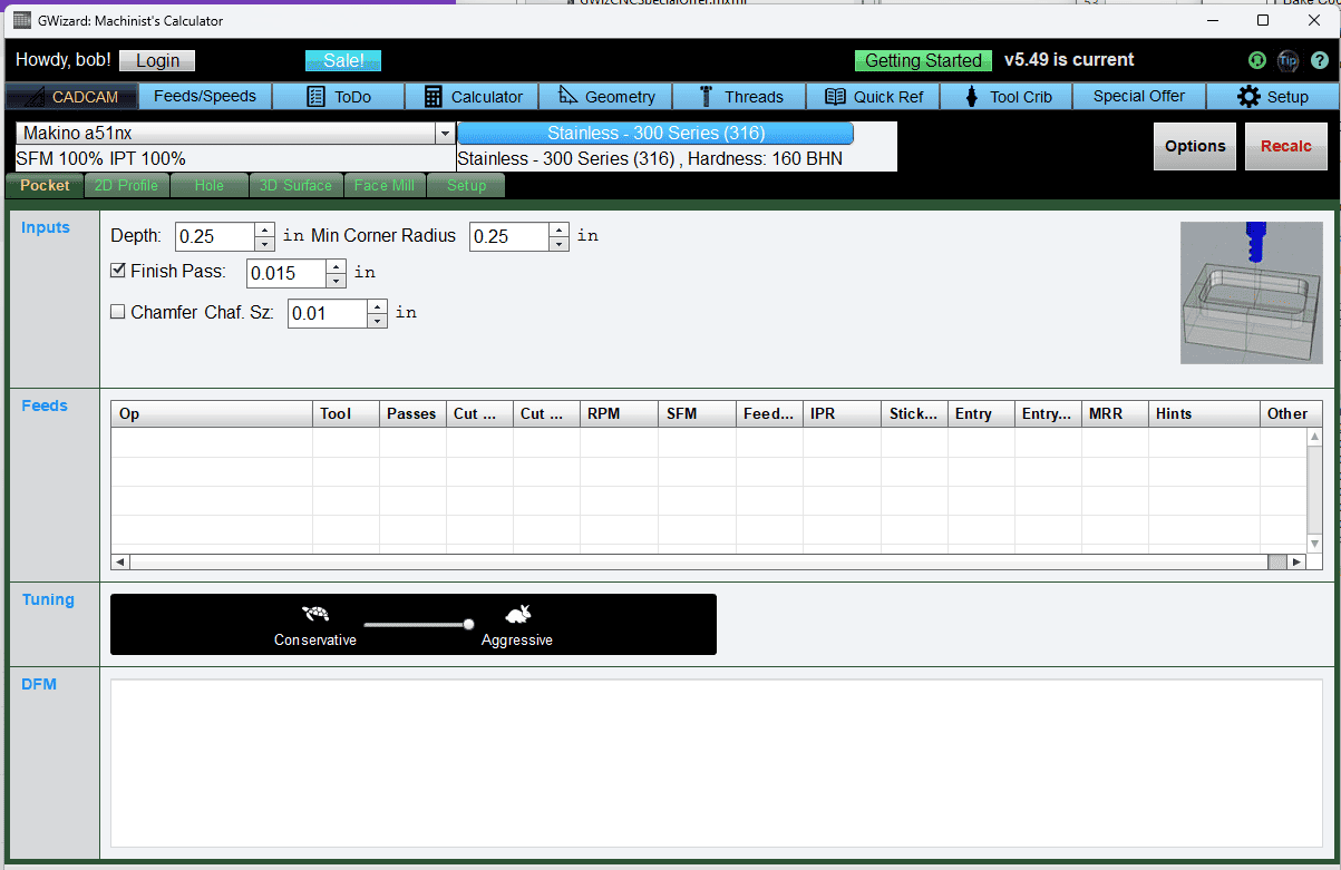 Computer program screenshot with tabs, input fields, and a 3D model of a machined part.