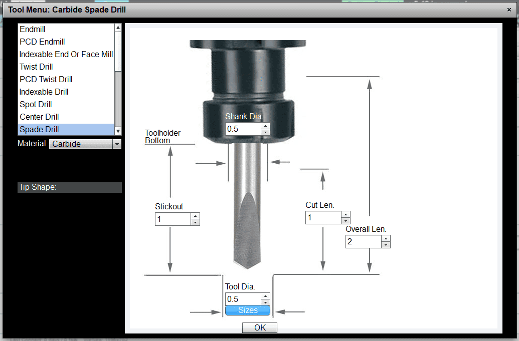 Carbide spade drill tool menu screenshot from CNCCookbook website.