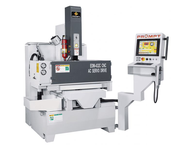 CNC EDM machine with control panel in metal fabrication setting.