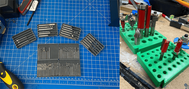 Blue cutting mat with ruler, various metalworking tools and a CNC machine on it.
