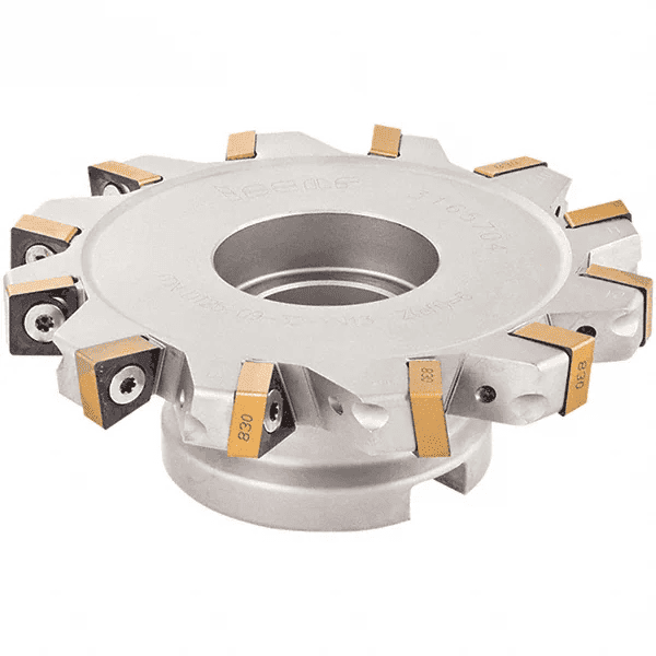 A metal cutting tool with a circular shape and gold-colored tabs, featuring a central silver-gray hole.