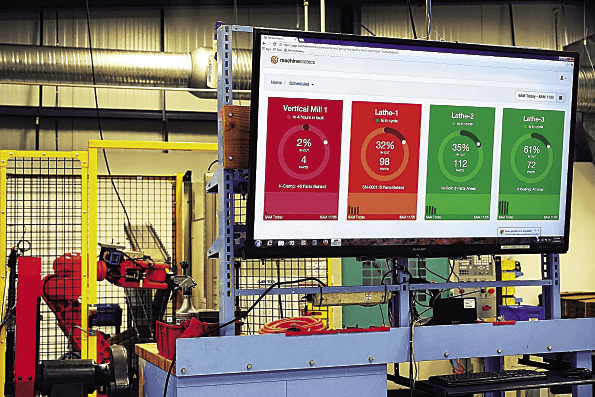 Industrial computer screen displaying a website with red and green rectangles on a metal background.