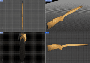 Gold-colored rifle stock on black background with white grid lines.