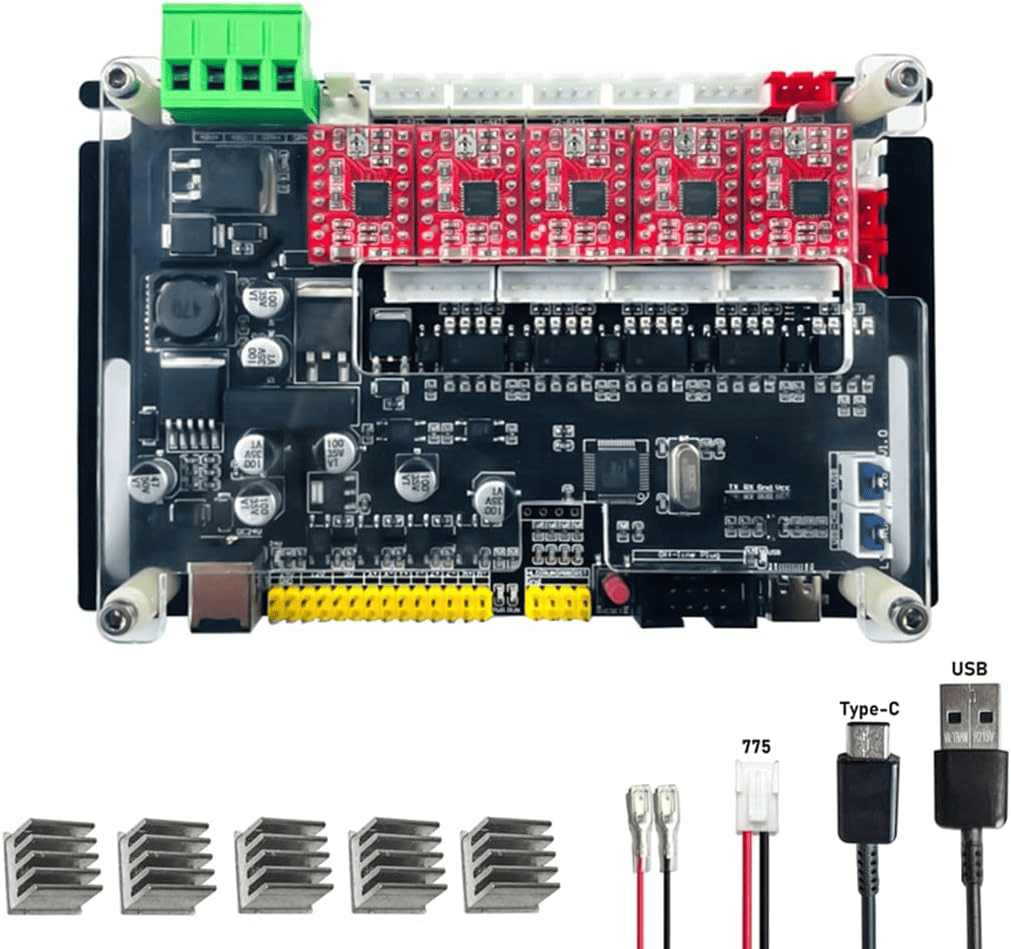 Electronic circuit board with green, red, silver, and white components.