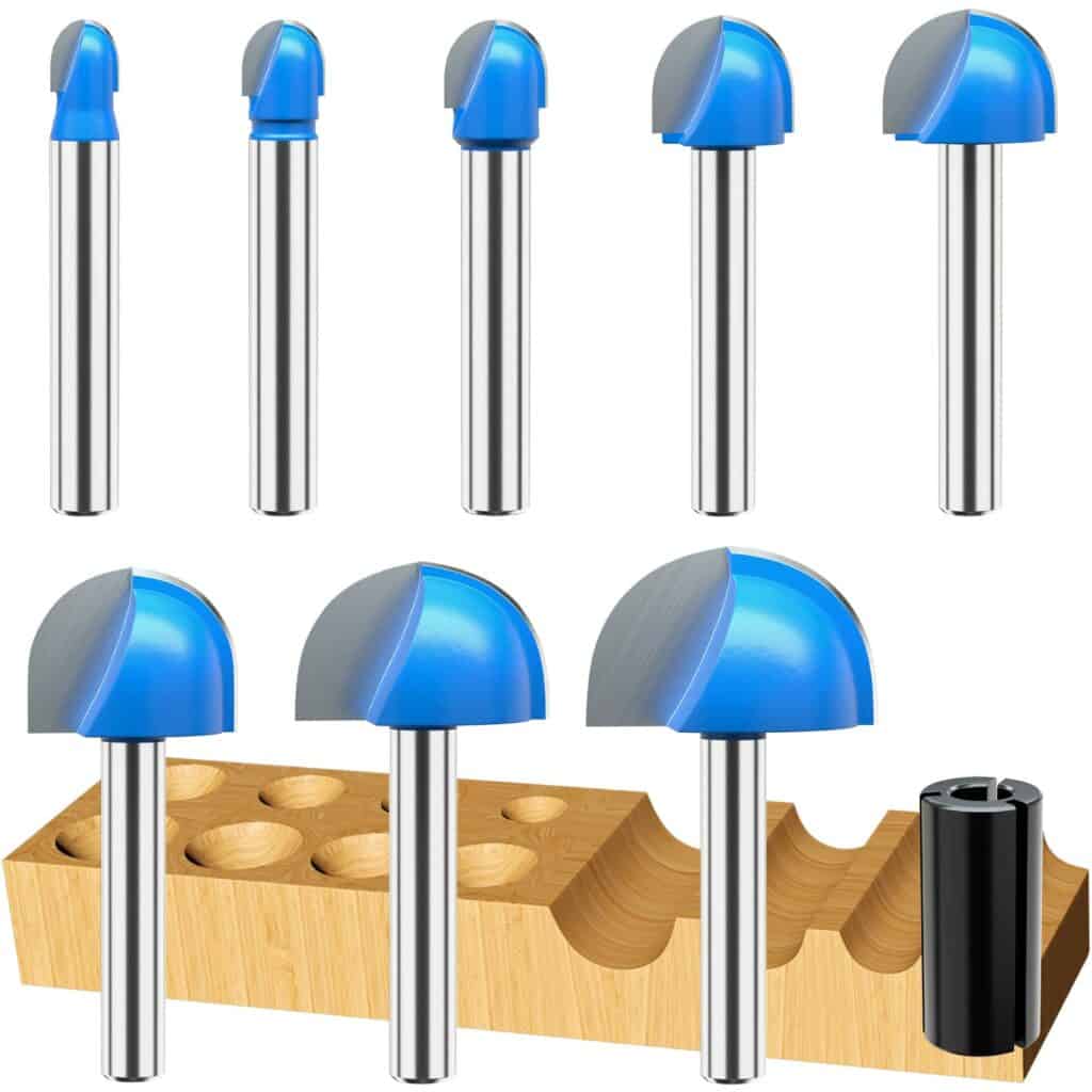 Round nose router bits, silver bodies, blue half-circle tips, for machining and metal fabrication.