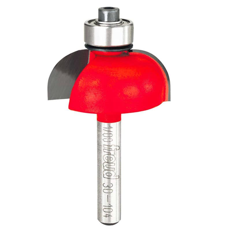 Red and silver CNC router bit with rounded edge.