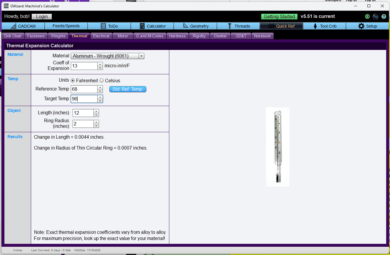 Screenshot of GWizard Machinist's Calculator with Thermal Expansion Calculator page, featuring input fields and calculated output.