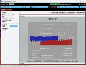 Screenshot of the free G-Wizard pipe thread calculator software interface displaying various cutting tool specifications and a graph comparing different drilling depths.