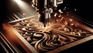 A cnc machine intricately carves a detailed floral design into a wood panel, with wood shavings scattered around the work area.