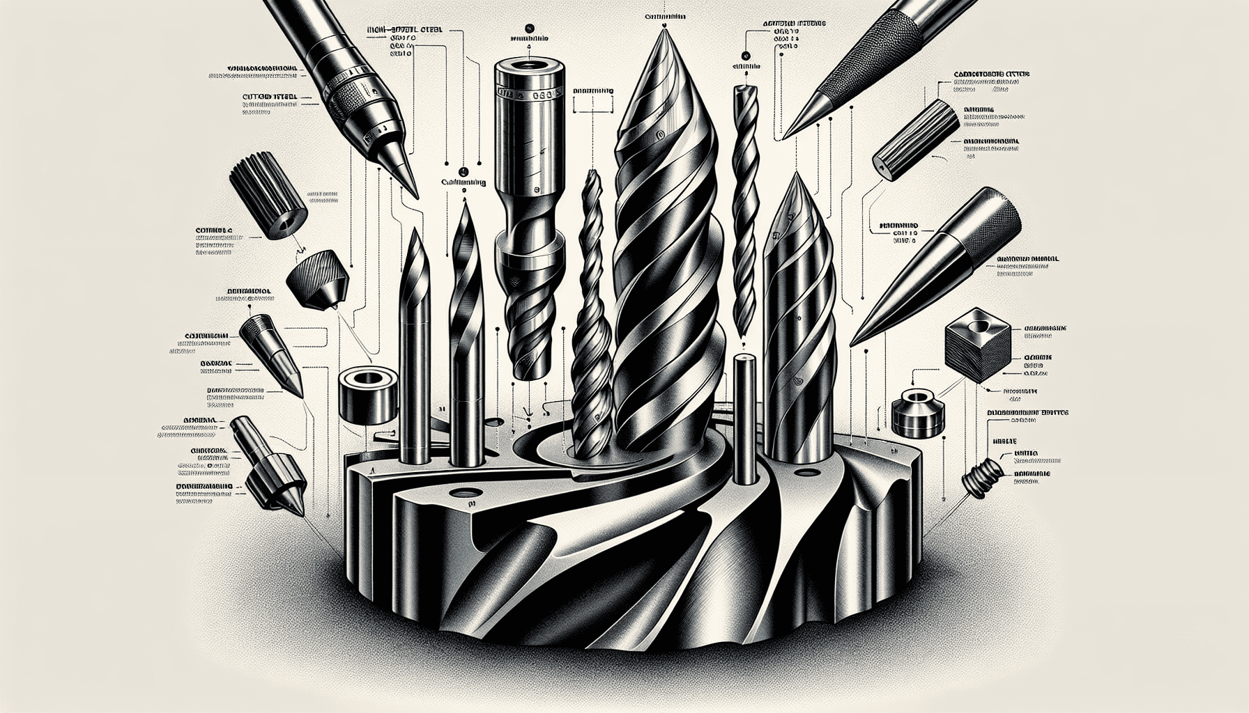 Detailed illustration of drill bits and cutting tools showcasing unique features and designs.