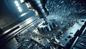 Metal being cut/drilled by a cutting tool in a machine shop.