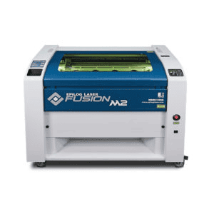 Epilog Laser Fusion M2 laser cutter machine with blue top and white sides.